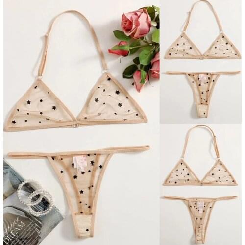 Sexy Underwear Women Star Print Perspective Bra Thong Lingerie Underwear Pajamas Net Yarn Halterneck Underwear Set