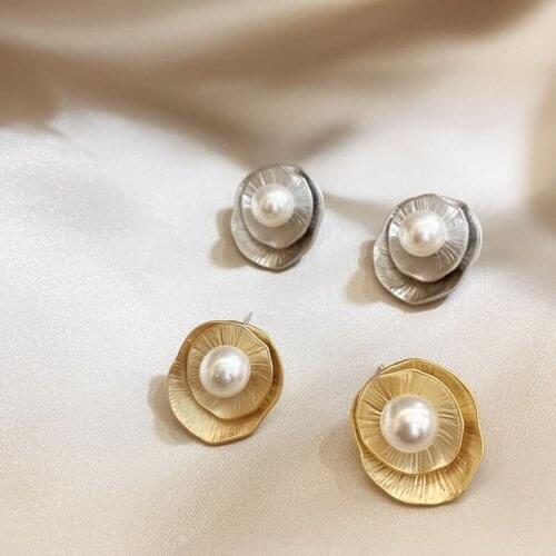 Double Layer Gold Silver Color Metal Leaf Imitation Pearl Stud Earring Fashion Alloy Simple Stud Earring For Women Party Wedding