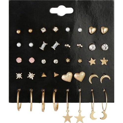 Punk Style Gold Star Moon Mixed Earring Set 20Pairs/Set Crystal Pearl Stud Earrings For Women Girls Kids