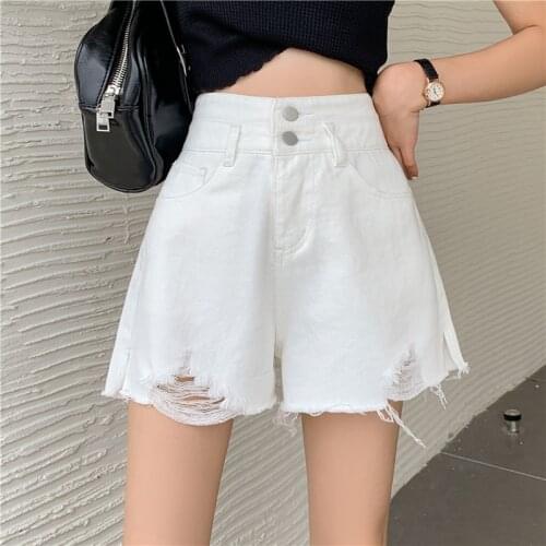 Korean Streetwear High Waist Summer Denim Jeans Shorts Women Pockets Ripped Hole Wide Leg Short Pants Clubwear Sexy