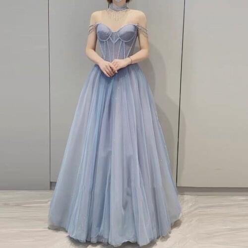 Blue Off Shoulder Sexy A-Line Evening Dresses 2020 Neck Chain Beading Sleeveless Simple Formal Dress vestido de noche LE40723