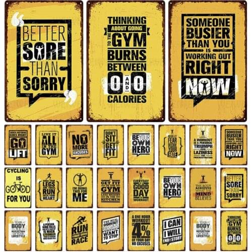 Slogan Tin Decorative Sign Yellow Tone Motivation Metal Sign Home Decoration Retro The Real Workout Begins When You Want To Stop