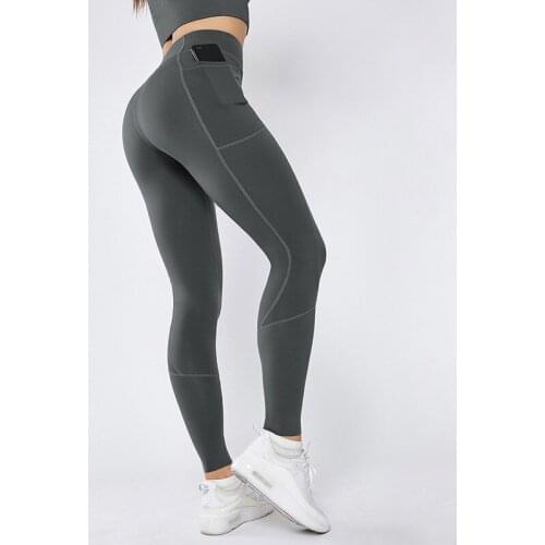 Sport Women Fitness Running Yoga Pants Double-Sided Nylon High Stretch Stitching Pocket