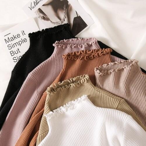Full 2021 Solid Wooden Ear Knit Pullovers Aesthetic Fashion Tide All Match Woman Tshirts Half High Collar Slim Bottoming Tops
