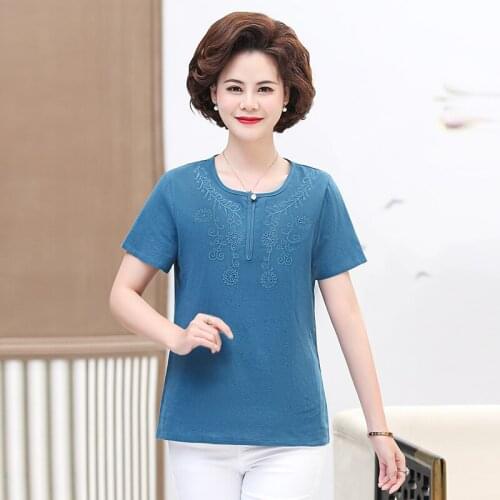 Women T Shirt Tee Tops 2021 Plus Size tshirt 5XL Embroidery Short Sleeve T-Shirt Fashion Middle Age Mother Clothing Vestidos