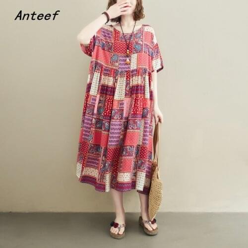 Short sleeve plus size cotton linen vintage floral dresses for women casual long loose woman summer dress elegant clothes 2021