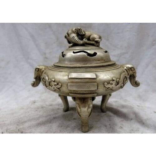 6" China silver carved buddhism dragon six elephant censer incense burner Statue