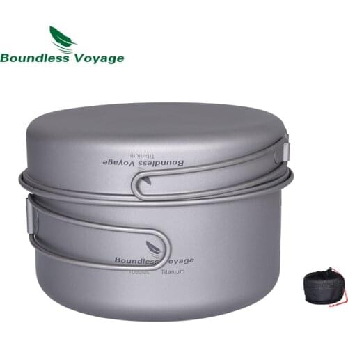 Boundless Voyage Titanium Pot Pan Set Lightweight Camping Cookware 1000ml+500ml Bowls Outdoor Tableware with Folding Handle