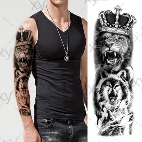 Large Arm Sleeve Tattoo Lion Crown King Rose Waterproof Temporary Tatoo Sticker Wild Wolf Pigeon Men Full Skull Totem Tatto