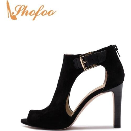 Black Ankle Boots High Thin Heels Woman Peep Toe Back Zipper Booties Large Size 14 15 Ladies Fashion Cut-out Side Shoes Shofoo