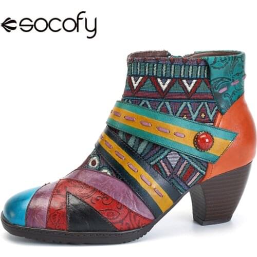 Socofy Bohemian Leather Boots Women Genuine Leather Shoes Woman Patchwork Zipper Ankle Boots Women Shoes Spring Autumn Botas New