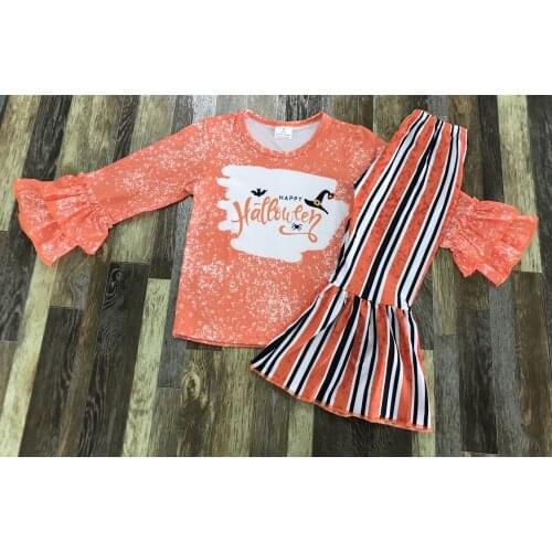 Kids Spring Autumn Clothing Autumn Little Baby Girl Orange Double Lace Flare Halloween Long Sleeve Top Striped Bell Bottoms Set