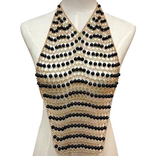 Extreme Womens Sexy Dress Accessories Breast Chain Metal Body Chain Pearl Long Neckle Handmade Shoulder Chain Jewelry