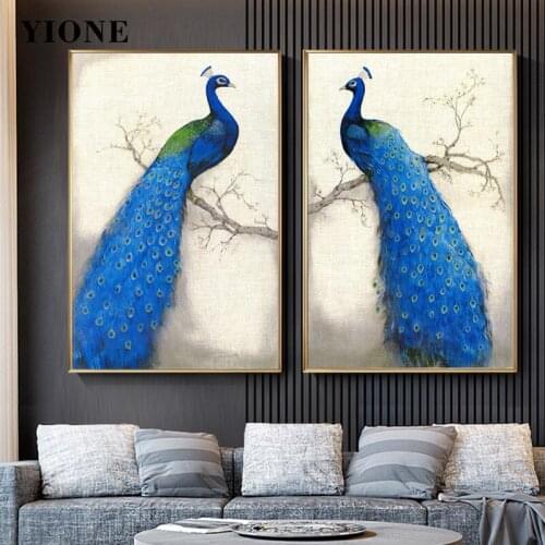 Retro Blue Peacock Art Canvas Painting Couple Tropical Animal Posters and Prints Wall Picture for Living Room Bedroom Decoration