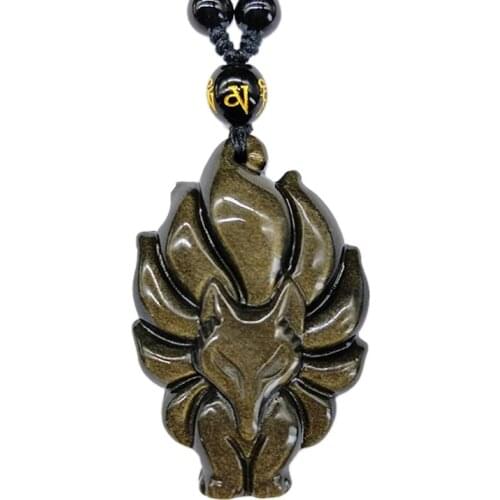 SHIYM Gold Fox Pendant With Chain Nine Tail Gem Jewelry Obsidian Jewelry Mens Pendant With Chain Gold Jade Jewelry