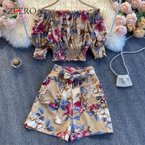 Summer Women Chiffon Printing Two Piece Set Woman Strapless Lantern Sleeve Elastic Waist Sexy Short Top + Straight Shorts Suit