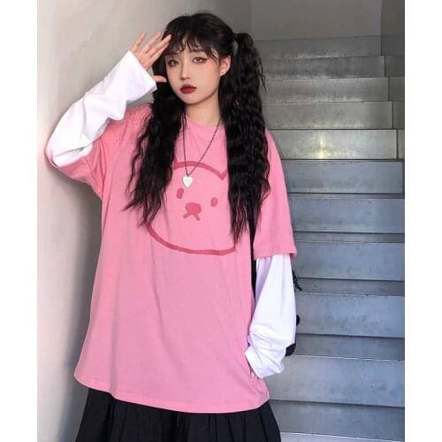 2021Autumn woman pink topJapanese cute Bear print harajuku loose fake two-piece long-sleeved Oversized t-shirt top Fashion new