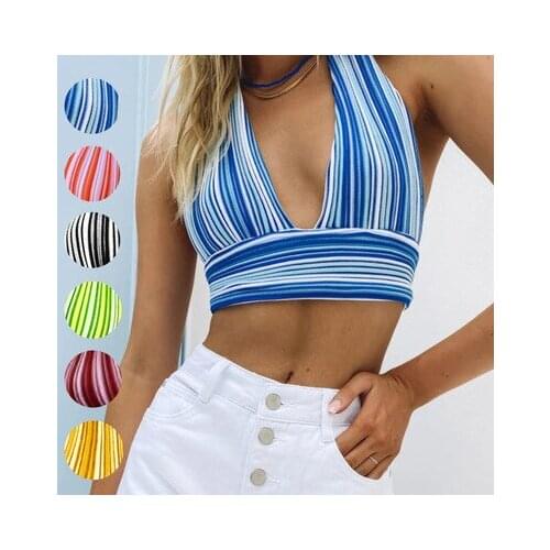 Summer Womens Sexy Color Contrast Striped Woolen Deep V halter Strap Top Ladies Knitting Fashion Halter Head All-match Top Crop