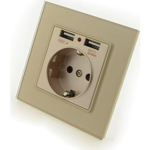 Luxury Glass Panel Wall Power USB Socket 16A EU Standard Electrical Outlet With 2100mA Dual USB Socket Charger Port for Mobile