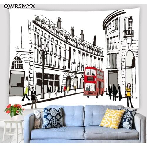 Hand Drawn Line Drawing City Red Bus Tapestry Art Wall Hanging Living Room Bedroom Restaurant Decor Wall Aesthetic Tapestries