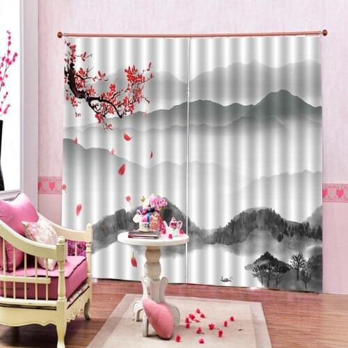 Custom Chinese Style Plum Blackout Curtain Misty mountain landscape For Living room Bedroom Classic Home Decor Drapes Sets