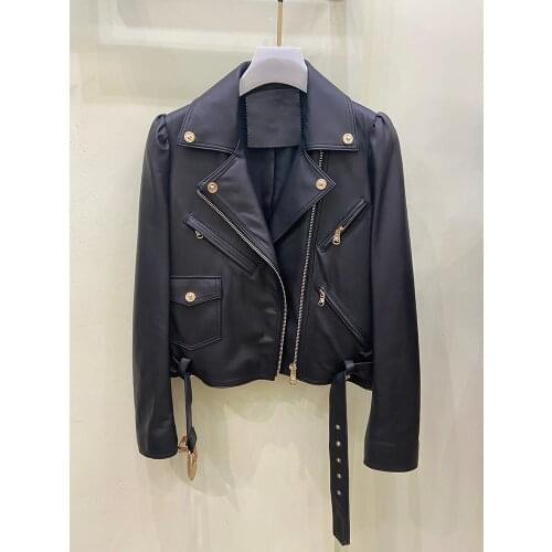 2021 High Quality Sheepskin Women Slim Genuine Leather Spring Autumn Fashion Classic Jacket Moto Biker Jacket Real Leather Coat