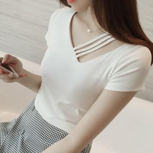 QRWR Womens T Shirt 2021 Summer Korean Fashion Casual Solid Color T Shirts Tops V Neck Skinny Short Sleeves Women Top