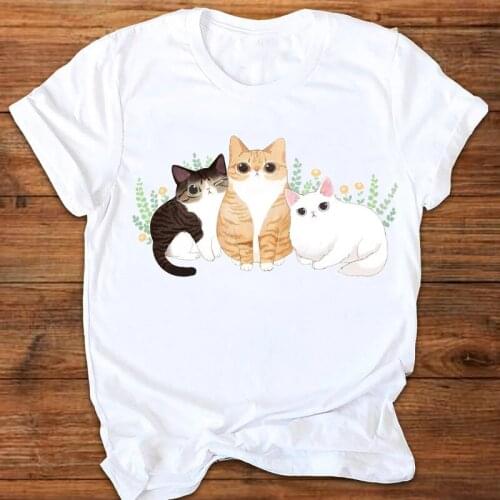 Women Graphic Cat Sweet Funny Cartoon Fashion 90s Ladies Printing Print Clothes Lady Tees Tops Female T Shirt Womens T-Shirt