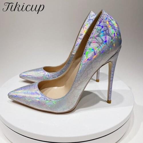 Tikicup Laser Silver Women Shiny Pointy Toe High Heels Plus Size 33-45 Ladies Designer Dress Stiletto Shoes Chic Party Pumps