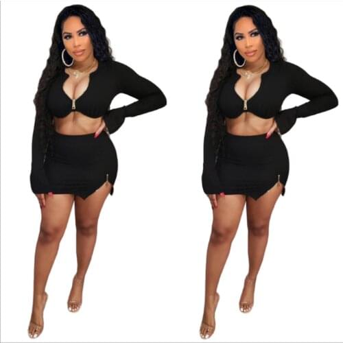 All Black Deep V Neck Short Sleeve Zipper Crop Top And Hot Short 2 Pieces Set High Street Lady Fashion Tracksuits
