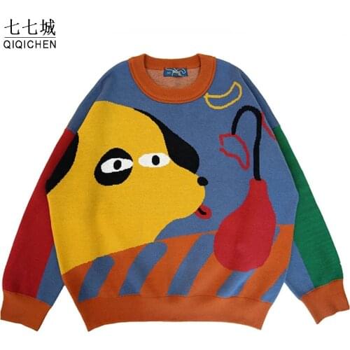 Cartoon Dogs Color Block Sweater Women Harajuku BF Loose Soft Winter Womens Hip Hop Pullover Sweaters High-quality Knitwear Tops