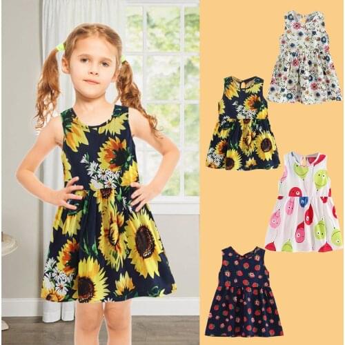 1-7 Years Girls Dresses Kids Summer Sleeveless Strap Princess Dress Cotton Sunflower Print Children Clothes Girl Casual Sundress