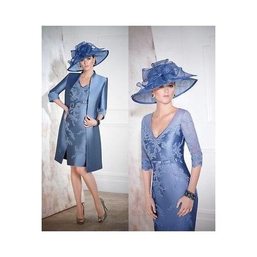 Free shipping robe de soiree 2016 new fashion vestido de festa godmother blue appliques Mother of the Bride Dresses with jacket