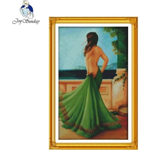 Joy Sunday Embroidery The lady in green dress Cross Stitch Embroidery Kits Painting Cross Stitch Kits Home Wall Decor