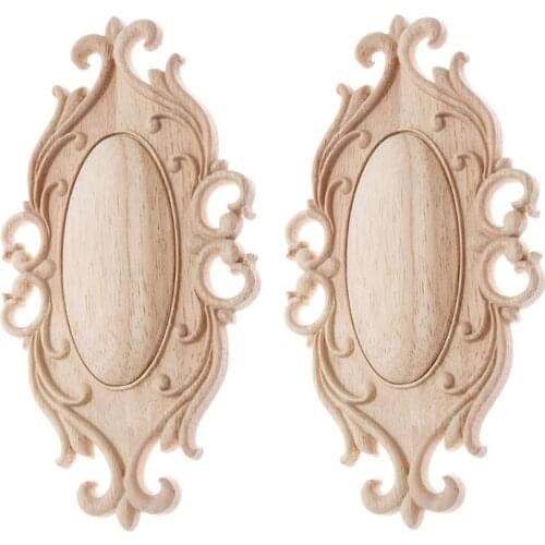 2Pcs Wood Carved Corner Onlay Applique Oval Unpainted Furniture Frame Decorative 20X12cm