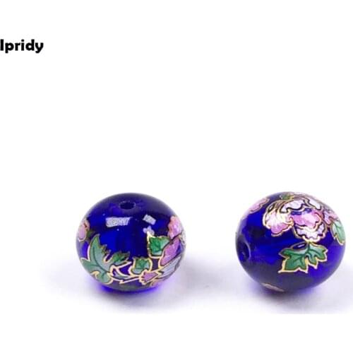 Glass Japan Painting Vintage Japanese Colored Drawing Beads Round the bottom of deep Blue Flower Pattern Transparent 14mm 5 Pcs