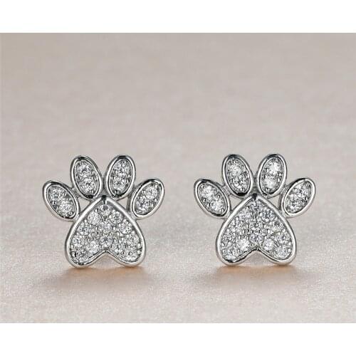 White Zircon Cute Heart Cat Paw Stud Earrings For Women Vintage Fashion Animal Footprint Crystal Stone Earrings Wedding Jewelry
