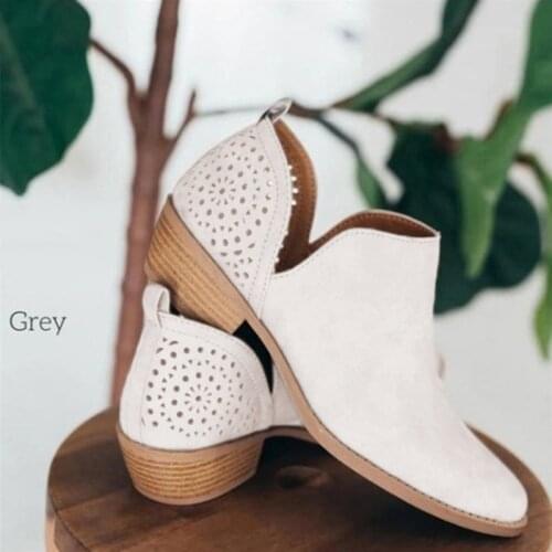 Womens Boots Short Perforated Cutout Chunky Block Stacked Heels Shoes Ankle Booties Female Ladies Autumn Shoes Plus Size