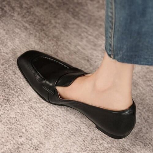 Black brown 1cm low hees square toe British style streetwear handsome deep mouth classic mature slip on lady pump MUC17 MUYISEXI