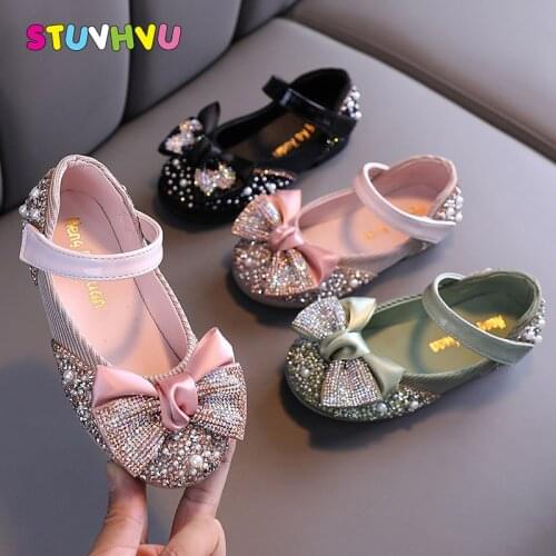 Kids Shoes for Girl Diamond Bowknot Children Princess Shoes 2020 New Fashion Sequin Leather Girls Shoes Casual Flats Size 21-36