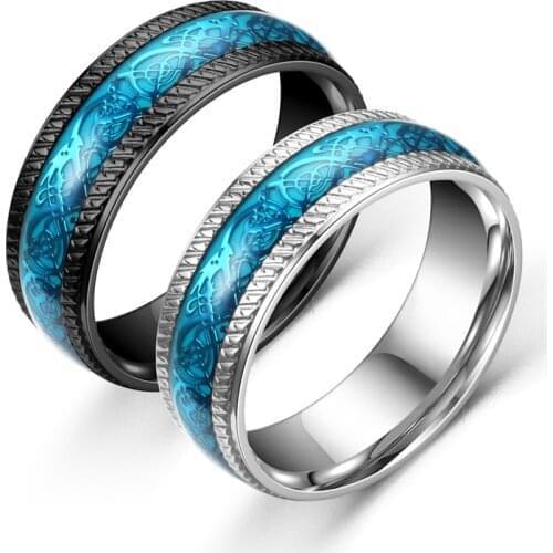 Trendy 8mm Mens Blue Dragon Stainless Steel Ring Viking Knot Inlay Blue Carbon Fiber Ring Mens Wedding Band Size 6-13