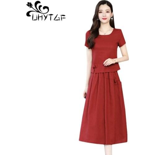 UHYTGF Summer dress two piece set womens fashion cotton linen comfortable elegant suit loose plus size skirt sets female 1175