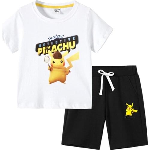 Pokemon Go Animal Round Neck Summer Short Sleeve Children Cotton Pikachu Short Sleeve + Shorts Two-Piece Casual Baby Sportswear