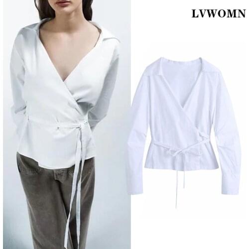 LVWOMN Za White Blouse Women 2021 Spring Vintage Belt V neck Poplin Shirts Woman Ruched Long Sleeve Top Casual Office Chic Tops