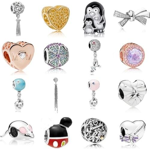 NEW 2021 100% 925 Sterling Silver Golden Love Little Penguin Mouse Charm Pendant Fit DIY Original Bracelet Fshion Jewelry Gift