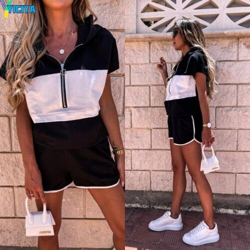 2021 new style summer womens patchwork hooded pocket short sportswear two piece set