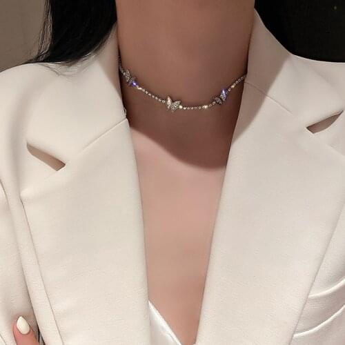 Korean Style Rhinestone Zircon Butterfly Choker Necklace for Women Simple Vintage Clavicle Necklace 2021 New Trendy Jewelry