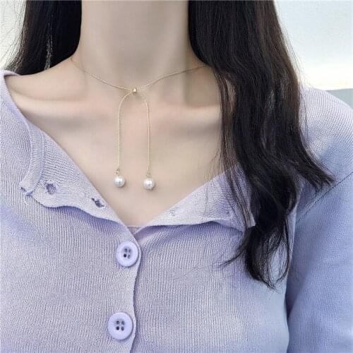 Romantic Elegant Metal Chain Two Pearls Pendent Necklace Korean Cute Pearl Necklace for Women Girls Kid Collar Neck Jewelry Gift