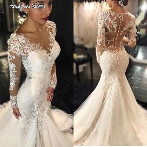 Sexy Illusion Mermaid Wedding Dress For Bride Long Sleeves Lace Appliques Beaded Bridal Gowns Sweep Train Jewel Neck