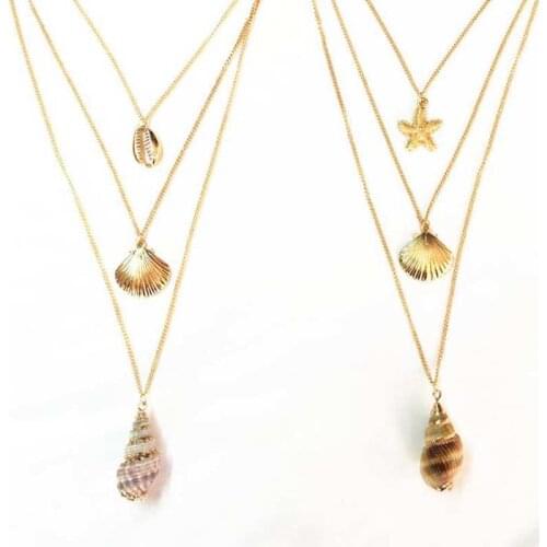 Bohemia 3 Layers Natural Shell Conch Pendant Necklaces Set Female Women Necklace Fashion Trendy Summer Vacation Jewelry YNC105